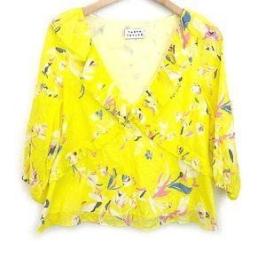 Tanya Taylor Lourdes Top Bright Yellow Floral Ruffle Trim V-Neck 100% Cotton 4